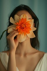 A woman holds an orange flower in front of her face on blue background. Vertical orientation