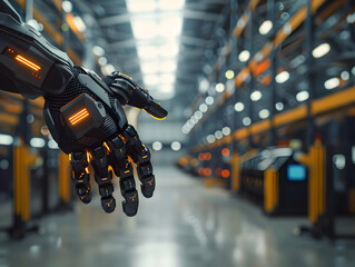 Futuristic robotic hand in a high-tech industrial warehouse, showcasing advanced technology and automation in a modern factory environment.