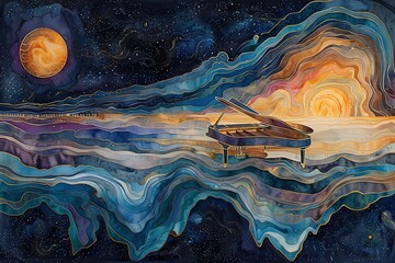 Surreal painting of a grand piano floating in a starry sky.