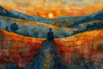 Silhouette of a person meditating in a field of music notes at sunset.
