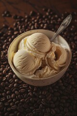 Vanilla scoops of ice cream in a plate and coffee beans on the table. Vertical orientation