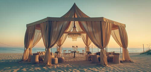 A stylish beach canopy with flowing curtains and a central chandelier, set up for a glamorous evening event on the sand. - Powered by Adobe