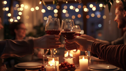 Naklejka premium Friends Toasting at a Housewarming Party in Chic Dining Room with Elegant Lighting