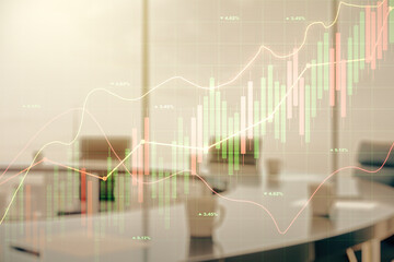 Multi exposure of virtual creative financial chart hologram on a modern meeting room background, research and analytics concept