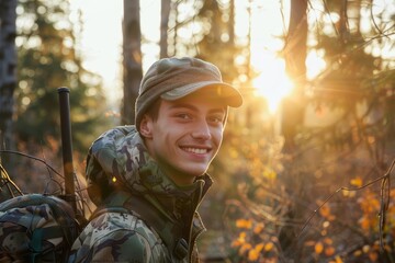 young hunter in forest with genuine smile face lit by warm sunlight candid portrait adventure concept photo