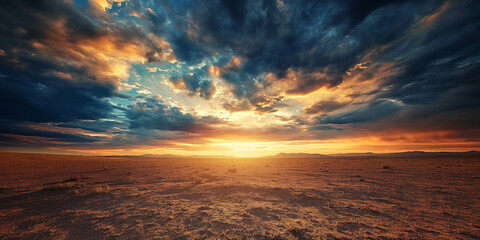 a vast desert landscape with dramatic clouds