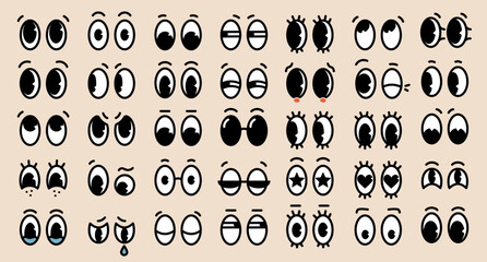 Set of 70s groovy comic eyes. Collection of retro cartoon character faces. Eyes in different emotions happy, angry, sad, cheerful. Vector illustration