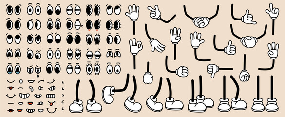 Set of 70s groovy comic faces. Collection elements of cartoon character faces, leg, hand in different emotions happy, angry, sad, cheerful. Vector illustration