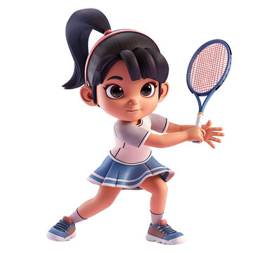 recommend clip art: Generative AI of 3D Cartoon of young girl in a dynamic pose, holding a tennis racket, clip-art isolated on transparent background and clipping path cut out, concept for youthful energy and athleticism