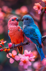 Beautiful birds love birds on the cherry tree branch in the garden Valentines day concept