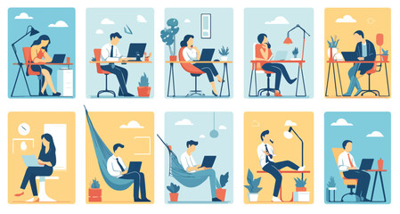 A collection of 10 cartoon-style illustrations depicting people working in various home office setups, featuring diverse work environments, furniture, and activities, set against colorful backgrounds.