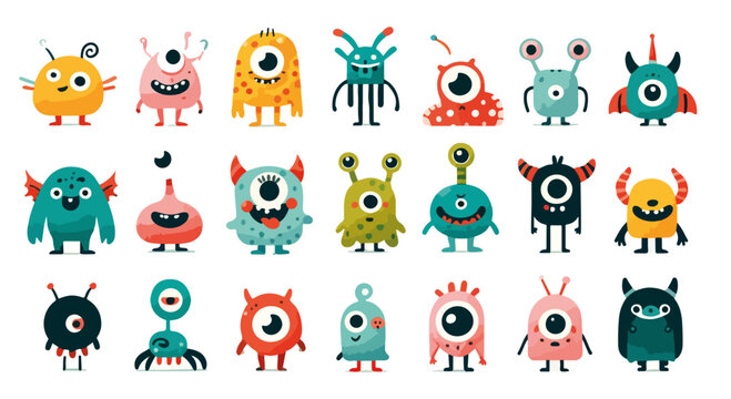 A collection of 21 colorful, cartoon-style monster illustrations featuring various unique designs and expressions, set against a white background