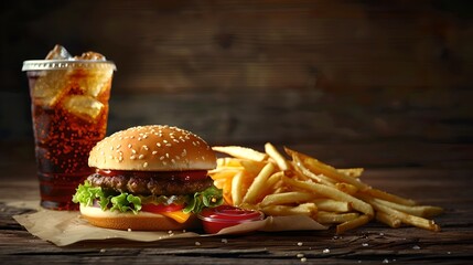 Delicious cheeseburger and fries with a cold drink on a rustic wooden table. Fast food classic combo. Perfect for restaurant ads and food blogs. Realistic style. AI