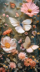 Fototapeta premium Spring clearance sale banner with butterflies and floral patterns focus on, spring, whimsical, Manipulation, Garden market backdrop