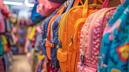 Fototapeta premium Back to school fashion sale banner with trendy outfits and backpacks close up, seasonal, vibrant, Overlay, Fashion store backdrop