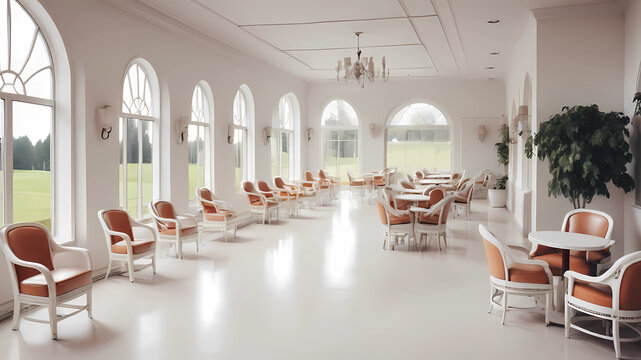 White interior of the golf club. Retro chairs