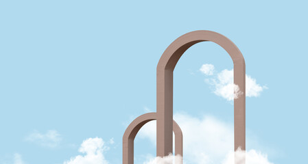 Architecture Exterior Arches Frame Concrete Texture with Cloud  floating  on Sky Blue Background....