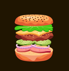 A fresh burger with cheese and beef on a black background.