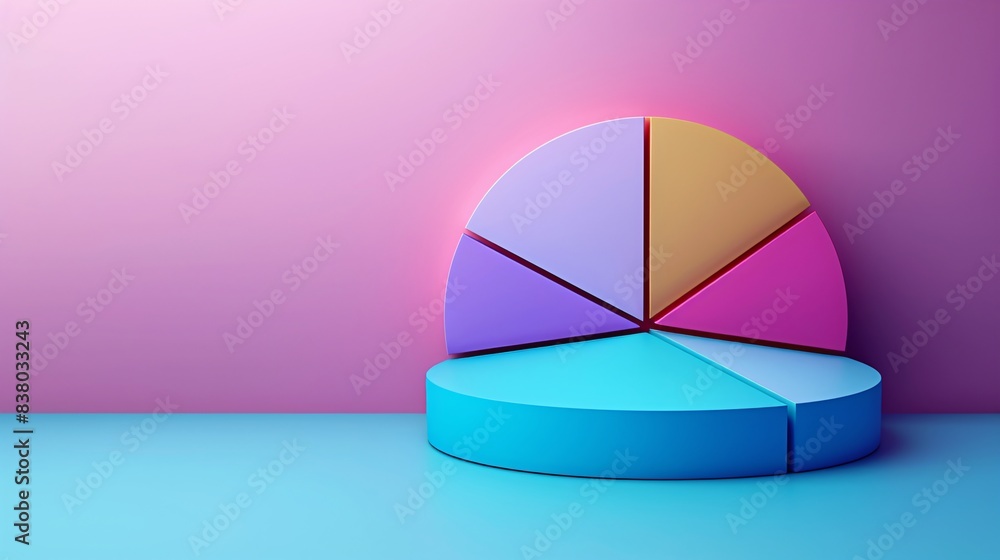 Poster 3d colorful pie chart on gradient background 3d illustration.