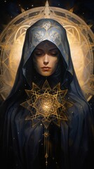 Enigmatic High Priestess - Portrait of Mystical Seer with Crescent Crown and Ethereal Background in a Detailed Illustration