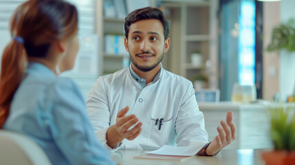 Man talking to woman at table