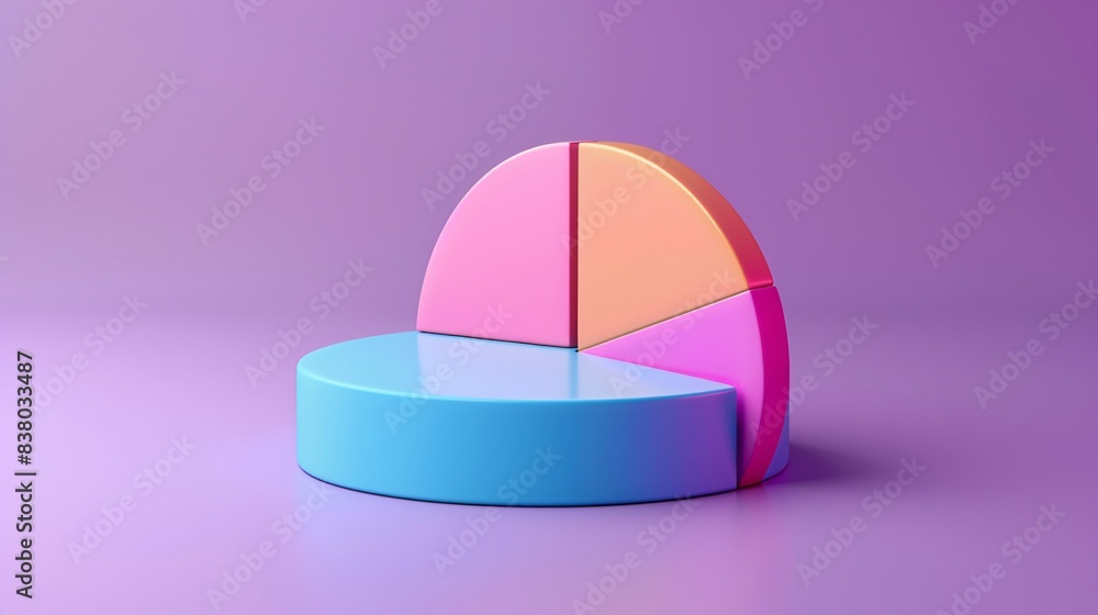 Poster 3d pie chart model with vibrant colors on a purple background, perfect for business and data visuali
