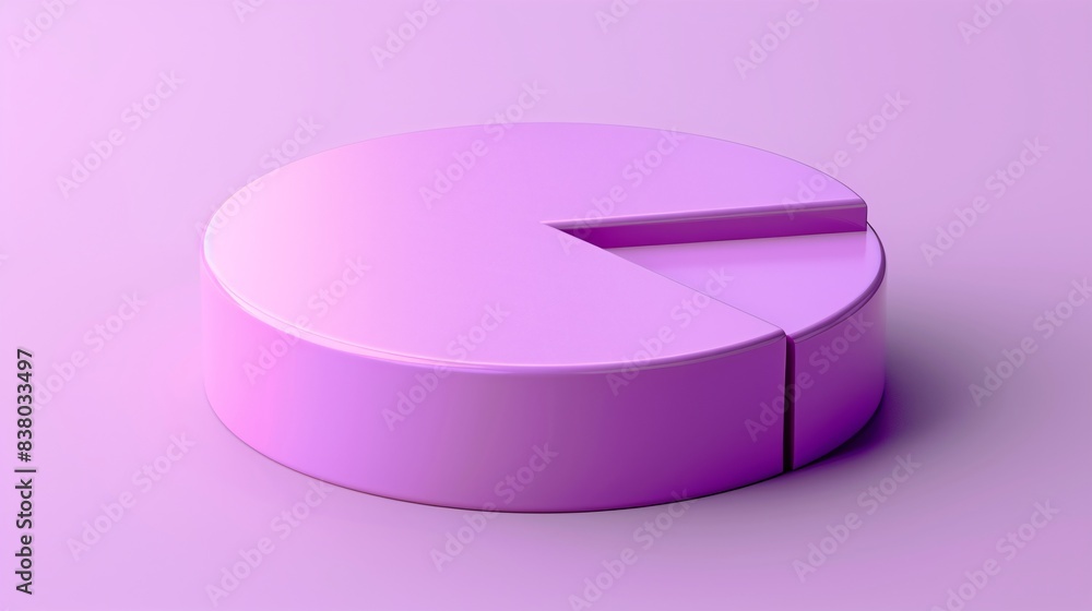 Poster 3d pie chart with a missing segment, in a monochromatic purple color scheme, isolated on a purple ba