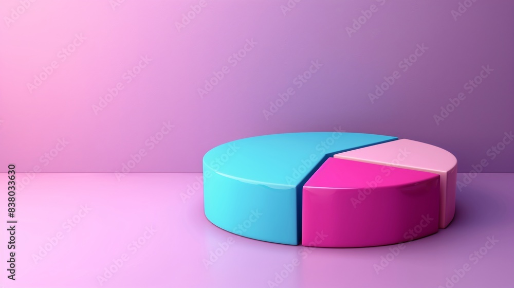 Poster 3d pie chart with vibrant colors on a pink background, depicting data visualization and business ana
