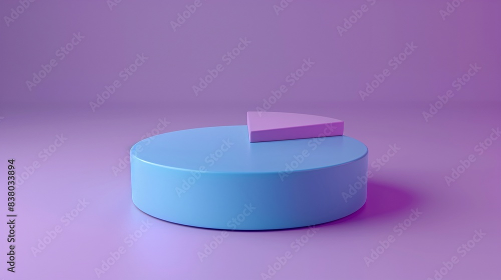 Poster 3d render of a blue pie chart with a pink segment, set against a purple gradient background, represe