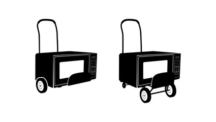 Hand cart with microwave, black isolated silhouette