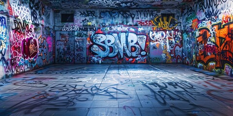 Naklejka premium graffiti art on room wall grungy messy artful urban landscape