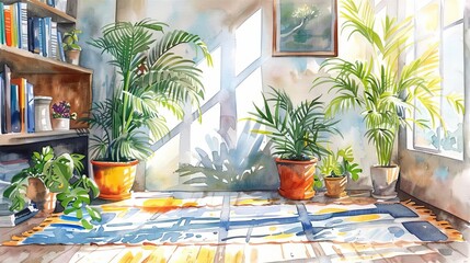 Fototapeta premium Indoor Dypsis lutescens, eclectic studio, colorful bohemian decor, mixed media