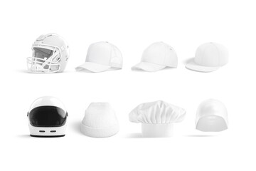 Blank white hat mockup, different types, front and side views