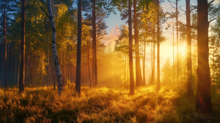 Fototapeta premium sunlight, rays, forest, trees, nature, landscape, sunshine, woods, scenic, sunlight through trees, woodland, outdoors, environment, sunny day, natural light, foliage, sunbeams, tranquil