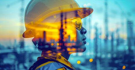 Construction industry background. Silhouette of man builder in yellow  hard hat and protective glasses on background of construction site. - Powered by Adobe