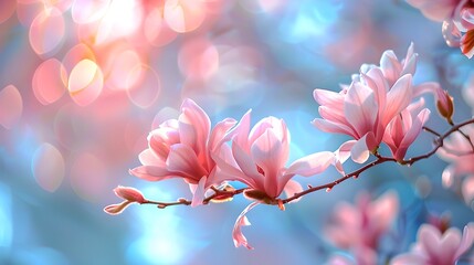 Beautiful magnolia blossoms in spring. This stunning image captures the delicate beauty of pink flowers. Perfect for nature lovers and spring-themed designs. AI