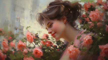 Naklejka premium Impressionist oil painting of woman among roses