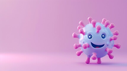 A cute and happy cartoon virus with a smiling face on a pink background, ideal for health and educational materials. 3D Illustration.