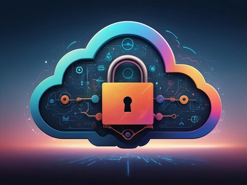 Digital Abstract illustration of cloud security services, stylized cloud icon integrated with a secure padlock symbol, representing data protection and cybersecurity in cloud computing environments
