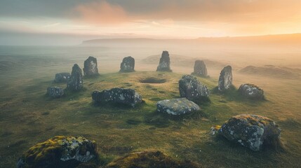 A mystical stone circle shrouded in mist at dawn.