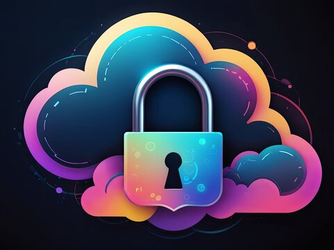 Digital Abstract illustration of cloud security services, stylized cloud icon integrated with a secure padlock symbol, representing data protection and cybersecurity in cloud computing environments
