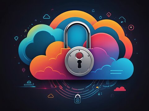 Digital Abstract illustration of cloud security services, stylized cloud icon integrated with a secure padlock symbol, representing data protection and cybersecurity in cloud computing environments
