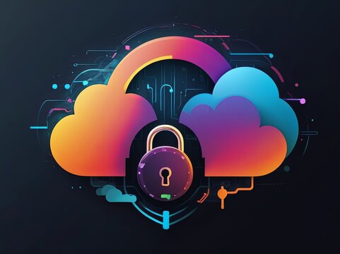 Digital Abstract illustration of cloud security services, stylized cloud icon integrated with a secure padlock symbol, representing data protection and cybersecurity in cloud computing environments
