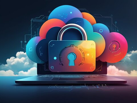Digital Abstract illustration of cloud security services, stylized cloud icon integrated with a secure padlock symbol, representing data protection and cybersecurity in cloud computing environments
