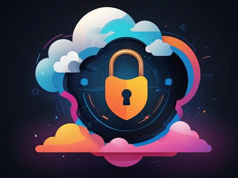 Digital Abstract illustration of cloud security services, stylized cloud icon integrated with a secure padlock symbol, representing data protection and cybersecurity in cloud computing environments
