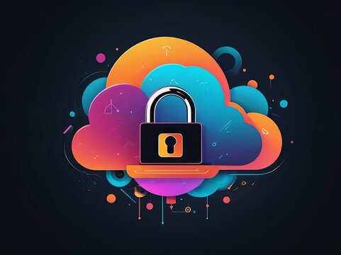 Digital Abstract illustration of cloud security services, stylized cloud icon integrated with a secure padlock symbol, representing data protection and cybersecurity in cloud computing environments

