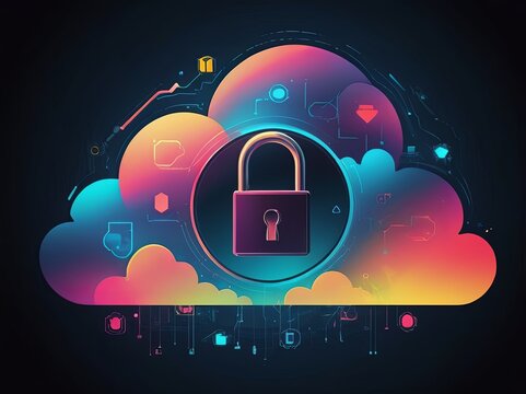 Digital Abstract illustration of cloud security services, stylized cloud icon integrated with a secure padlock symbol, representing data protection and cybersecurity in cloud computing environments

