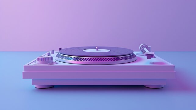 A modern turntable with a retro vibe, captured in a minimalist purple and blue setting, perfect for music and technology themes. 3D Illustration.