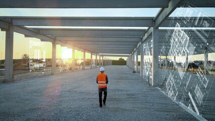 Architect construction engineer analyze site building process at sunset using modern technology. 3D...