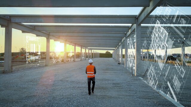 Architect construction engineer analyze site building process at sunset using modern technology. 3D graphic render